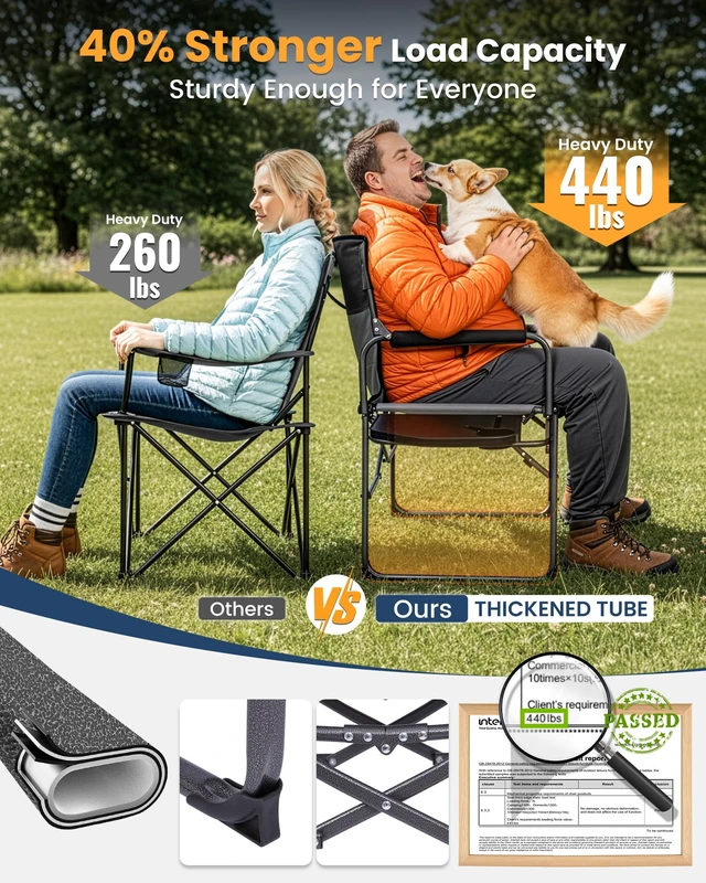 Alt view image 4 of 7 - Oversized Camping Directors Chair Heavy Duty 440lbs, Side Table | Folding Padded Wide Seat Camp Chair for Adults, Anti-Sag Fabric, 50% Flat Fold, Portable, Outdoor Lawn Fishing RV Sport