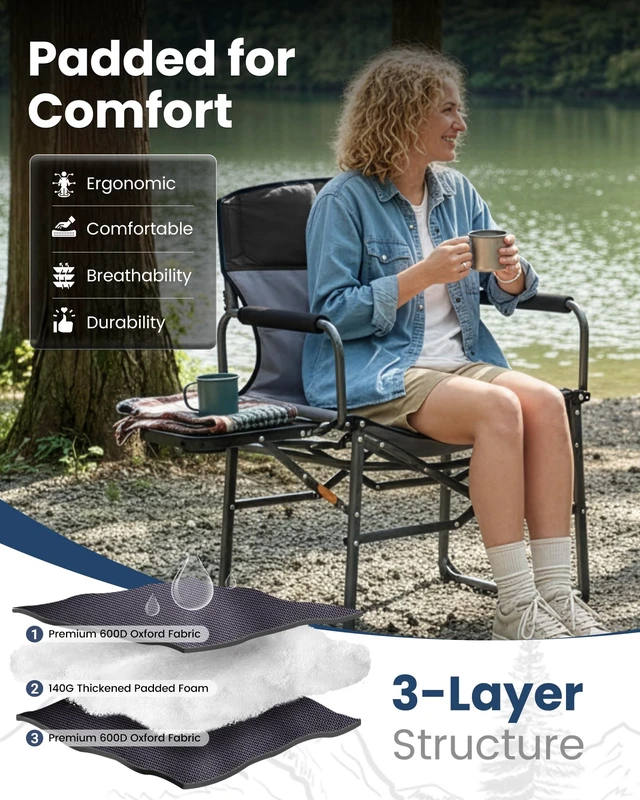 Alt view image 6 of 7 - Oversized Camping Directors Chair Heavy Duty 440lbs, Side Table | Folding Padded Wide Seat Camp Chair for Adults, Anti-Sag Fabric, 50% Flat Fold, Portable, Outdoor Lawn Fishing RV Sport