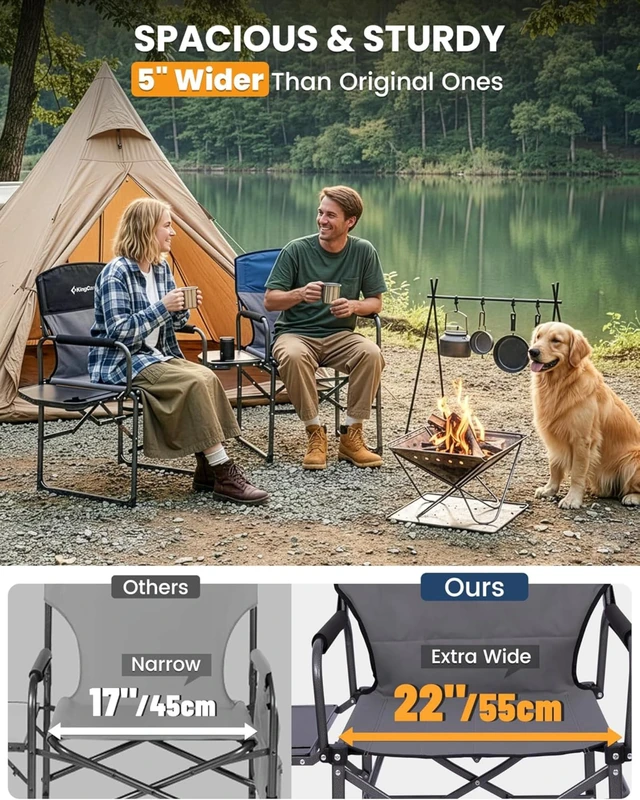 Alt view image 5 of 7 - Oversized Camping Directors Chair Heavy Duty 440lbs, Side Table | Folding Padded Wide Seat Camp Chair for Adults, Anti-Sag Fabric, 50% Flat Fold, Portable, Outdoor Lawn Fishing RV Sport