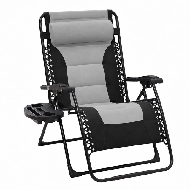 Main image of Zero Gravity Chair, Oversized Padded Recliner - Black/Grey | 400 lbs Capacity, 24" Wide Padded Seat, 90170° Locking Recline, Foldable Steel Frame w/Headrest & Side Tray for Patio, Beach