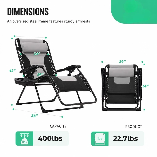 Alt view image 3 of 7 - Zero Gravity Chair, Oversized Padded Recliner - Black/Grey | 400 lbs Capacity, 24" Wide Padded Seat, 90170° Locking Recline, Foldable Steel Frame w/Headrest & Side Tray for Patio, Beach