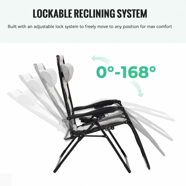 Alt view image 6 of 7 - Zero Gravity Chair, Oversized Padded Recliner - Black/Grey | 400 lbs Capacity, 24" Wide Padded Seat, 90170° Locking Recline, Foldable Steel Frame w/Headrest & Side Tray for Patio, Beach