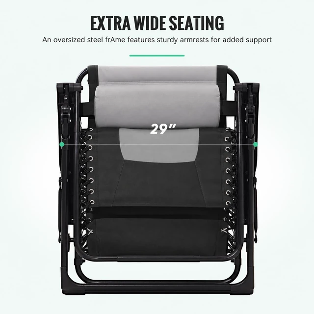 Alt view image 7 of 7 - Zero Gravity Chair, Oversized Padded Recliner - Black/Grey | 400 lbs Capacity, 24" Wide Padded Seat, 90170° Locking Recline, Foldable Steel Frame w/Headrest & Side Tray for Patio, Beach