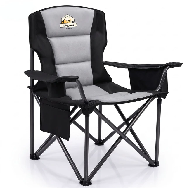 Main image of Oversized Heavy Duty Camping Chair for Adults, 450 lb, Black | Folding camp chair with padded seat, cooler bag, cup holder, side pocket, carry bag for lawn, fishing, sports and tailgating.