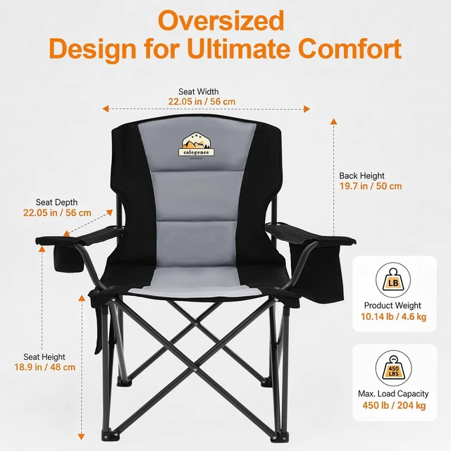 Alt view image 3 of 7 - Oversized Heavy Duty Camping Chairs, 2 Pack, 450 lb, Black | Portable outdoor chairs with padded seat, cooler bag, cup holder, side pocket and carry bag for lawn, camp, sports, fishing.