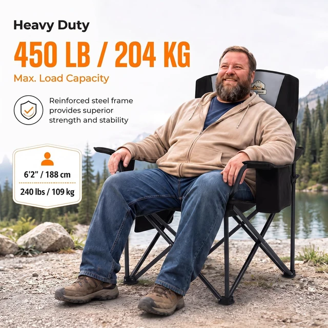 Alt view image 2 of 7 - Oversized Heavy Duty Camping Chairs, 2 Pack, 450 lb, Black | Portable outdoor chairs with padded seat, cooler bag, cup holder, side pocket and carry bag for lawn, camp, sports, fishing.