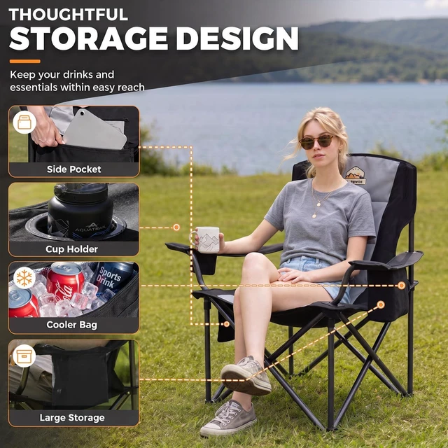 Alt view image 4 of 7 - Oversized Heavy Duty Camping Chairs, 2 Pack, 450 lb, Black | Portable outdoor chairs with padded seat, cooler bag, cup holder, side pocket and carry bag for lawn, camp, sports, fishing.