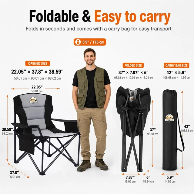 Alt view image 5 of 7 - Oversized Heavy Duty Camping Chair for Adults, 450 lb, Black | Folding camp chair with padded seat, cooler bag, cup holder, side pocket, carry bag for lawn, fishing, sports and tailgating.