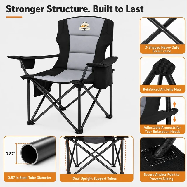 Alt view image 6 of 7 - Oversized Heavy Duty Camping Chairs, 2 Pack, 450 lb, Black | Portable outdoor chairs with padded seat, cooler bag, cup holder, side pocket and carry bag for lawn, camp, sports, fishing.