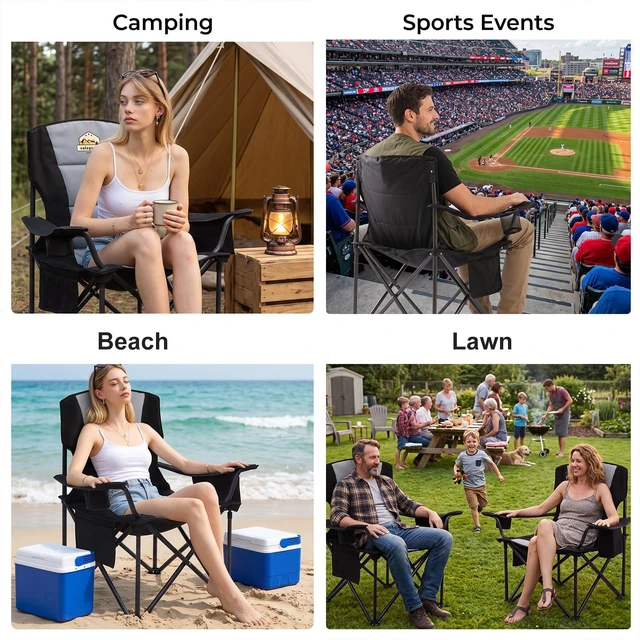 Alt view image 7 of 7 - Oversized Heavy Duty Camping Chairs, 2 Pack, 450 lb, Black | Portable outdoor chairs with padded seat, cooler bag, cup holder, side pocket and carry bag for lawn, camp, sports, fishing.