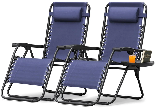 Main image of Zero Gravity Chair Patio Folding Lawn Outdoor Lounge Gravity Camp Reclining Lounge Chair with Cup Holder Pillows for Poolside Backyard and Beach Set of 2 (Blue)
