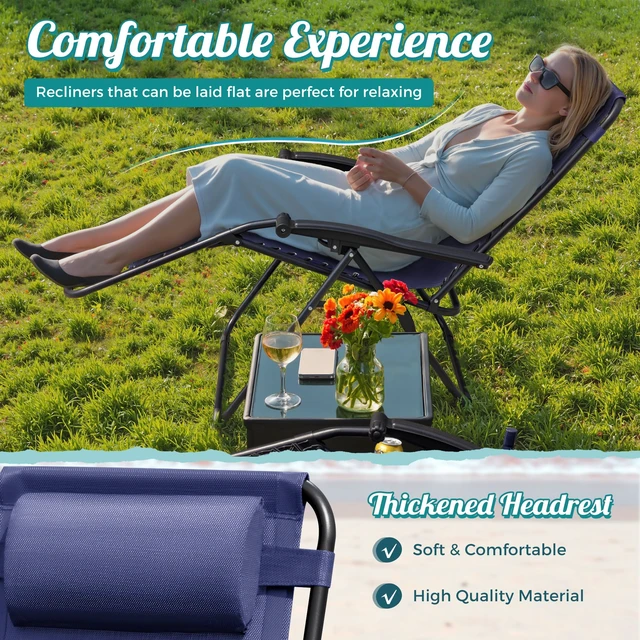 Alt view image 3 of 7 - Zero Gravity Chair Patio Folding Lawn Outdoor Lounge Gravity Camp Reclining Lounge Chair with Cup Holder Pillows for Poolside Backyard and Beach Set of 2 (Blue)