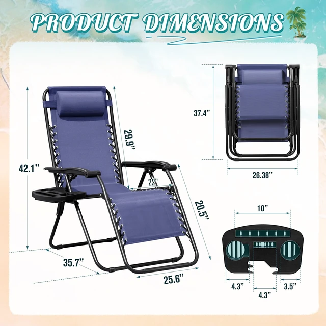 Alt view image 5 of 7 - Zero Gravity Chair Patio Folding Lawn Outdoor Lounge Gravity Camp Reclining Lounge Chair with Cup Holder Pillows for Poolside Backyard and Beach Set of 2 (Blue)