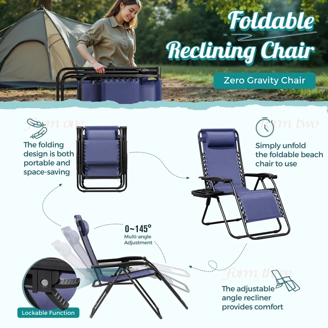 Alt view image 6 of 7 - Zero Gravity Chair Patio Folding Lawn Outdoor Lounge Gravity Camp Reclining Lounge Chair with Cup Holder Pillows for Poolside Backyard and Beach Set of 2 (Blue)