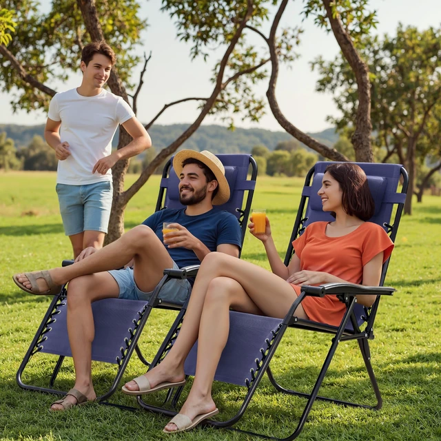Alt view image 7 of 7 - Zero Gravity Chair Patio Folding Lawn Outdoor Lounge Gravity Camp Reclining Lounge Chair with Cup Holder Pillows for Poolside Backyard and Beach Set of 2 (Blue)