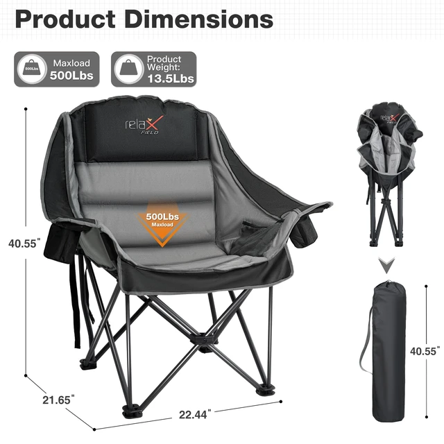 Alt view image 2 of 7 - Oversized Camping Chairs with Cup Holder 500LBS, Black | Side Pocket,Collapsible Padded Arm Chair, Heavy Duty,Folding Chair,Ideal for Sports,Outdoor,Beach,Fishing,Lawn