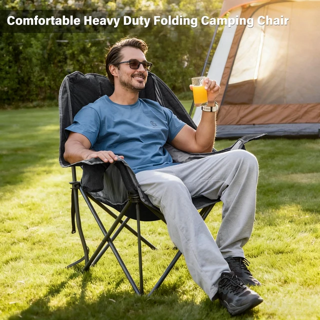 Alt view image 3 of 7 - Oversized Camping Chairs with Cup Holder 500LBS, Black | Side Pocket,Collapsible Padded Arm Chair, Heavy Duty,Folding Chair,Ideal for Sports,Outdoor,Beach,Fishing,Lawn