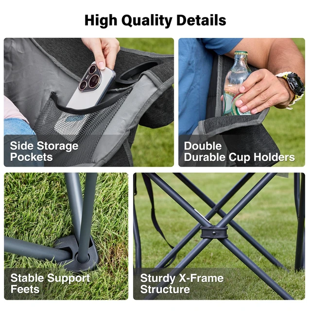 Alt view image 5 of 7 - Oversized Camping Chairs with Cup Holder 500LBS, Black | Side Pocket,Collapsible Padded Arm Chair, Heavy Duty,Folding Chair,Ideal for Sports,Outdoor,Beach,Fishing,Lawn