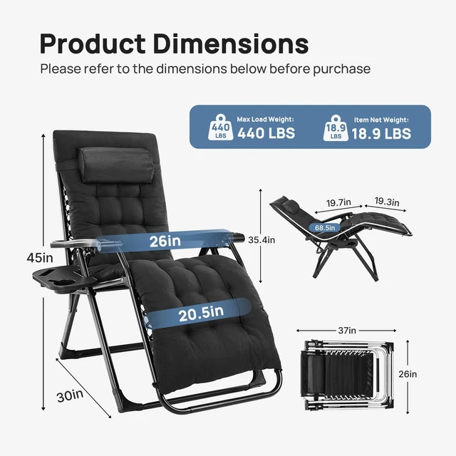 Alt view image 2 of 7 - Zero Gravity Chairs Set of 2, Lounge Chair Outdoor with Cup Holder | Folding Reclining, Removable Cushion Trays, Beach Camping Patio, Indoor Outside, Black