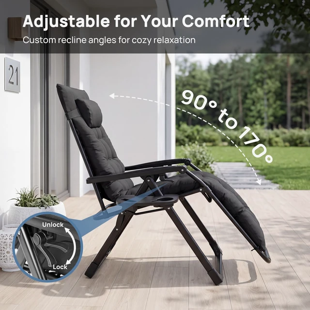 Alt view image 3 of 7 - Zero Gravity Chairs Set of 2, Lounge Chair Outdoor with Cup Holder | Folding Reclining, Removable Cushion Trays, Beach Camping Patio, Indoor Outside, Black
