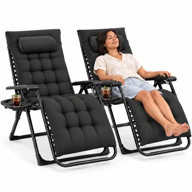 Main image of Zero Gravity Chairs Set of 2, Lounge Chair Outdoor with Cup Holder | Folding Reclining, Removable Cushion Trays, Beach Camping Patio, Indoor Outside, Black