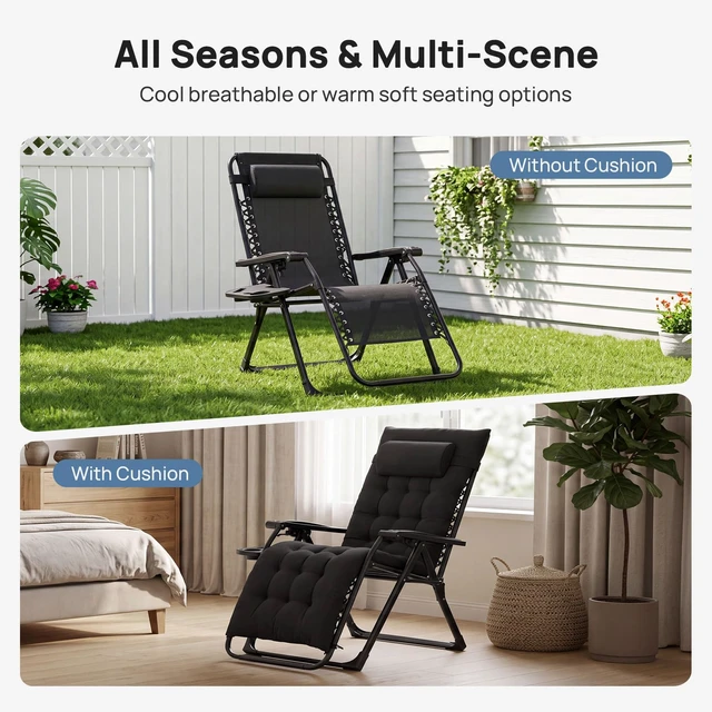 Alt view image 4 of 7 - Zero Gravity Chairs Set of 2, Lounge Chair Outdoor with Cup Holder | Folding Reclining, Removable Cushion Trays, Beach Camping Patio, Indoor Outside, Black