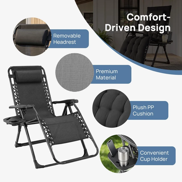 Alt view image 7 of 7 - Zero Gravity Chairs Set of 2, Lounge Chair Outdoor with Cup Holder | Folding Reclining, Removable Cushion Trays, Beach Camping Patio, Indoor Outside, Black
