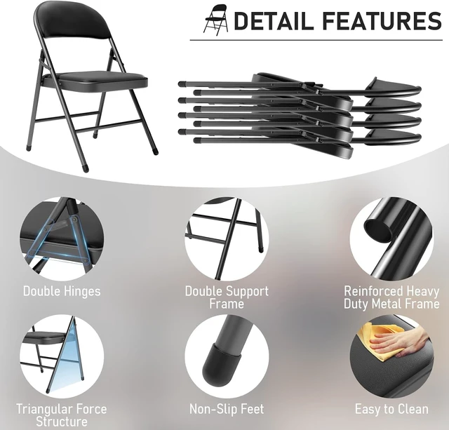 Alt view image 4 of 7 - 6 Pack Black Folding Chairs with Padded Cushion and Metal Frame,350lbs | Portable Stackable Commercial Seat Foldable Chairs with Steel Frame for Outdoor & Indoor Events Office Wedding Party