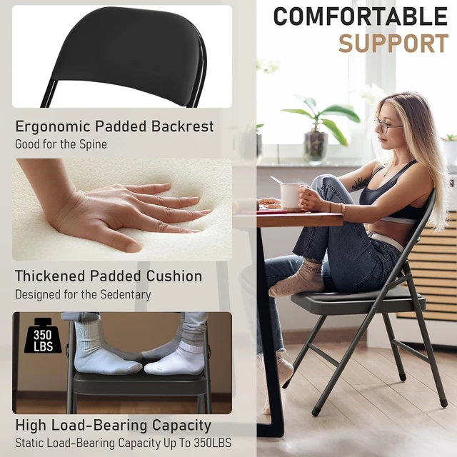 Alt view image 7 of 7 - 6 Pack Black Folding Chairs with Padded Cushion and Metal Frame,350lbs | Portable Stackable Commercial Seat Foldable Chairs with Steel Frame for Outdoor & Indoor Events Office Wedding Party