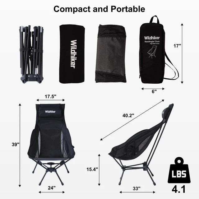 Alt view image 4 of 7 - RestAngle High Back Folding Camping Chair, Lounge Comfort - Black | Portable for space-saving storage, packs down small, removable pillow, easy to carry for RVs, campfires and backyards.