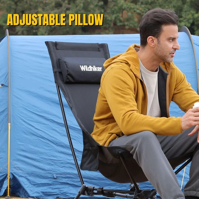 Alt view image 7 of 7 - RestAngle High Back Folding Camping Chair, Lounge Comfort - Black | Portable for space-saving storage, packs down small, removable pillow, easy to carry for RVs, campfires and backyards.