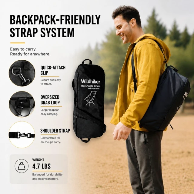 Alt view image 5 of 7 - RestAngle High Back Folding Camping Chair, Lounge Comfort - Black | Portable for space-saving storage, packs down small, removable pillow, easy to carry for RVs, campfires and backyards.