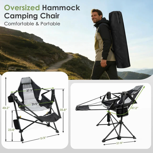 Alt view image 2 of 7 - Hammock Camping Chair with Footrest,500LBS Oversized Swinging Chairs | for Adults, Heavy Duty Portable Rocking Camp Chair with Cup Holder & Pillow for Beach, Patio, Lawn