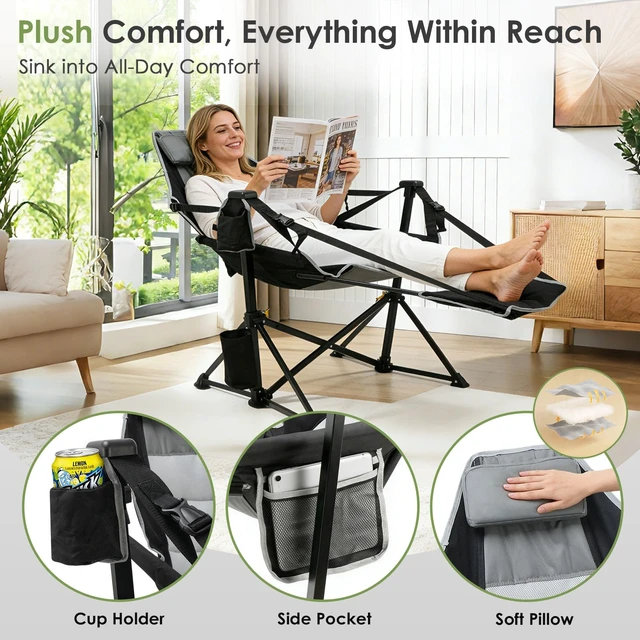 Alt view image 3 of 7 - Hammock Camping Chair with Footrest,500LBS Oversized Swinging Chairs | for Adults, Heavy Duty Portable Rocking Camp Chair with Cup Holder & Pillow for Beach, Patio, Lawn