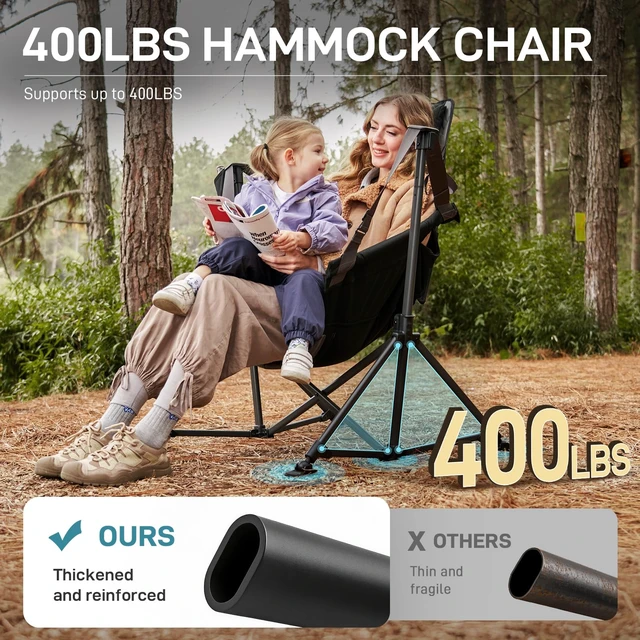 Alt view image 2 of 7 - Padded Oversized Hammock Camping Chair, Compact Heavy Duty Swing Chair with Multi-Storage Pockets, Portable Folding Rocking Camping Chair, Support Up to 400lbs, Black