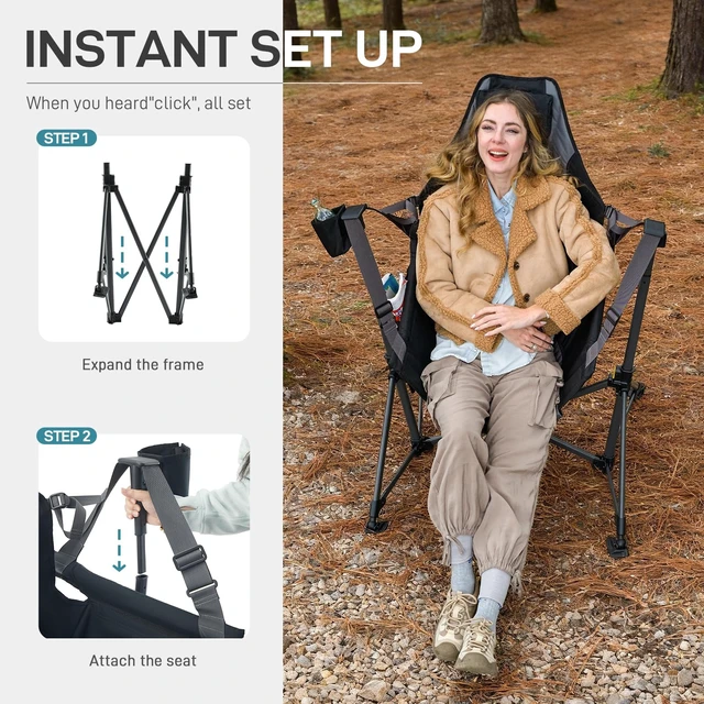 Alt view image 4 of 7 - Padded Oversized Hammock Camping Chair, Compact Heavy Duty Swing Chair with Multi-Storage Pockets, Portable Folding Rocking Camping Chair, Support Up to 400lbs, Black