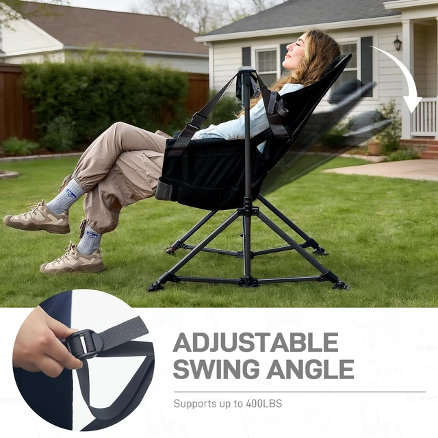 Alt view image 6 of 7 - Padded Oversized Hammock Camping Chair, Compact Heavy Duty Swing Chair with Multi-Storage Pockets, Portable Folding Rocking Camping Chair, Support Up to 400lbs, Black
