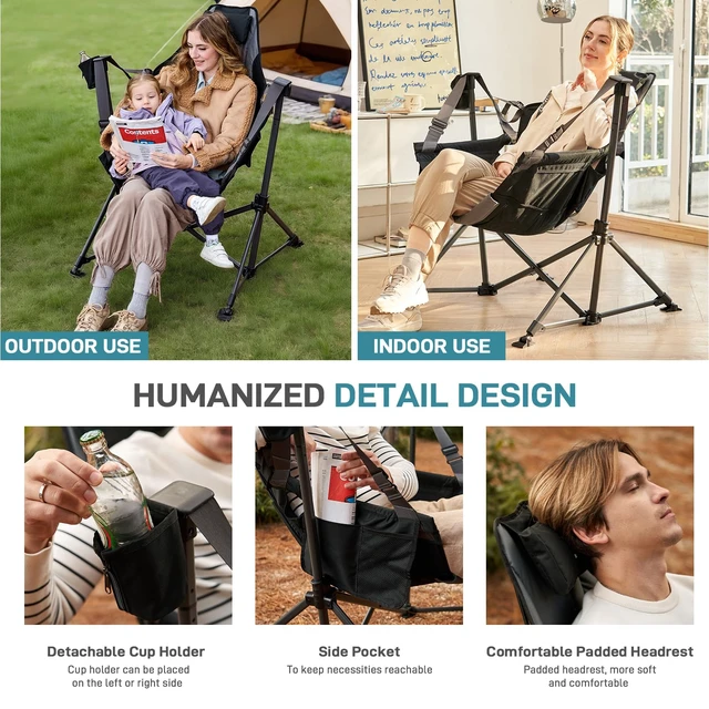 Alt view image 7 of 7 - Padded Oversized Hammock Camping Chair, Compact Heavy Duty Swing Chair with Multi-Storage Pockets, Portable Folding Rocking Camping Chair, Support Up to 400lbs, Black