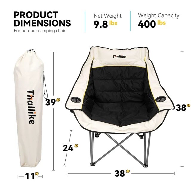 Alt view image 3 of 7 - Oversized Camping Chair for Adults Heavy Duty Folding Chair with Cup Holders, Storage Pocket & Carry Bag Outdoor Padded Camp Chair for Backyard, Fishing & Sports Supports 400lbs