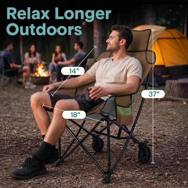 Alt view image 3 of 7 - Portable Foldable Cart Chair w/Wheels Outdoors Sports Lawn Brown | 2-in-1 high-back chair and luggage cart, 220 lbs capacity, detachable pillow, compact fold, powder-coated steel frame