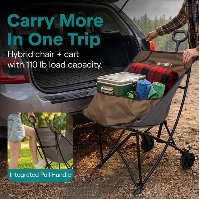 Alt view image 2 of 7 - Portable Foldable Cart Chair w/Wheels Outdoors Sports Lawn Brown | 2-in-1 high-back chair and luggage cart, 220 lbs capacity, detachable pillow, compact fold, powder-coated steel frame