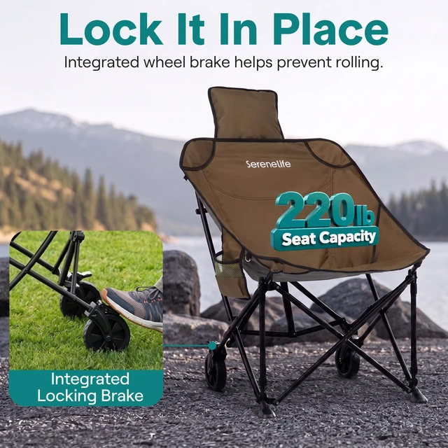 Alt view image 5 of 7 - Portable Foldable Cart Chair w/Wheels Outdoors Sports Lawn Brown | 2-in-1 high-back chair and luggage cart, 220 lbs capacity, detachable pillow, compact fold, powder-coated steel frame