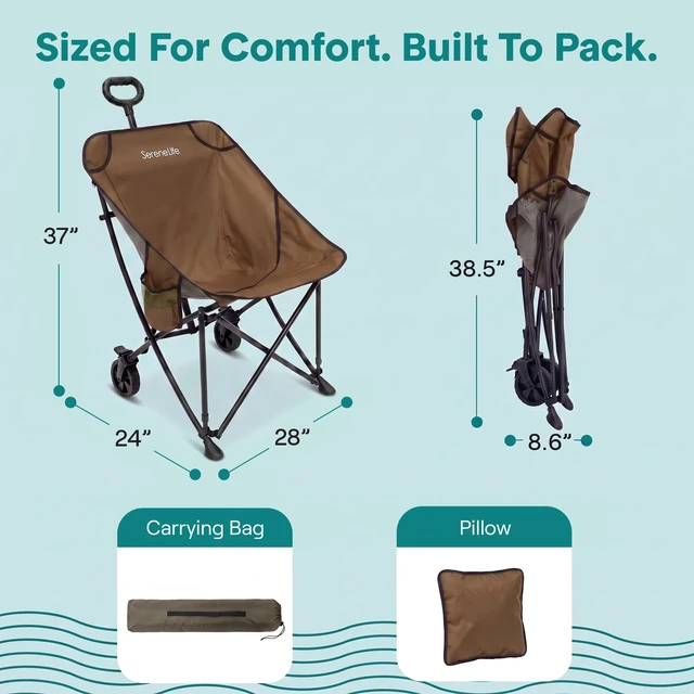 Alt view image 7 of 7 - Portable Foldable Cart Chair w/Wheels Outdoors Sports Lawn Brown | 2-in-1 high-back chair and luggage cart, 220 lbs capacity, detachable pillow, compact fold, powder-coated steel frame