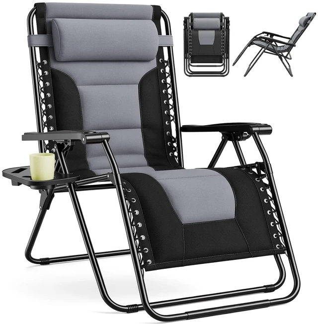 Main image of Oversized Padded Zero Gravity Lounge Chairs, Outdoor Recliner | Folding Beach Chair for Adults, Reclining Patio Camping Lounge Chair with Adjustable Pillow & Cup Holder, Black-gray