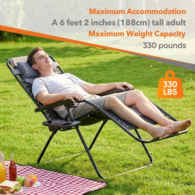 Alt view image 2 of 7 - Oversized Padded Zero Gravity Lounge Chairs, Outdoor Recliner | Folding Beach Chair for Adults, Reclining Patio Camping Lounge Chair with Adjustable Pillow & Cup Holder, Black-gray