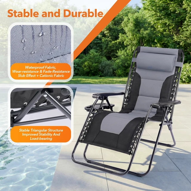 Alt view image 5 of 7 - Oversized Padded Zero Gravity Lounge Chairs, Outdoor Recliner | Folding Beach Chair for Adults, Reclining Patio Camping Lounge Chair with Adjustable Pillow & Cup Holder, Black-gray