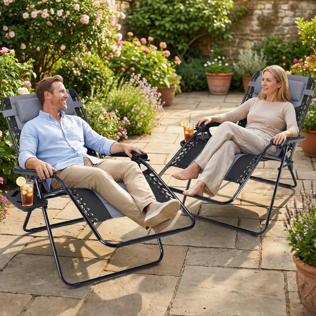 Alt view image 6 of 7 - Oversized Padded Zero Gravity Lounge Chairs, Outdoor Recliner | Folding Beach Chair for Adults, Reclining Patio Camping Lounge Chair with Adjustable Pillow & Cup Holder, Black-gray
