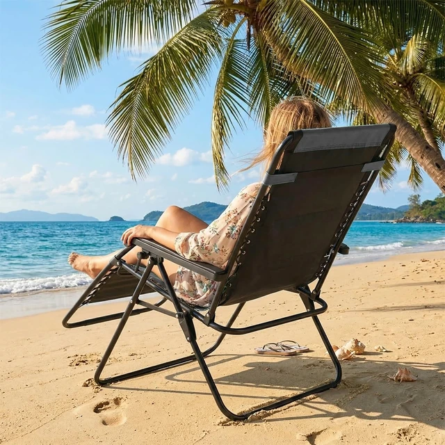 Alt view image 7 of 7 - Oversized Padded Zero Gravity Lounge Chairs, Outdoor Recliner | Folding Beach Chair for Adults, Reclining Patio Camping Lounge Chair with Adjustable Pillow & Cup Holder, Black-gray