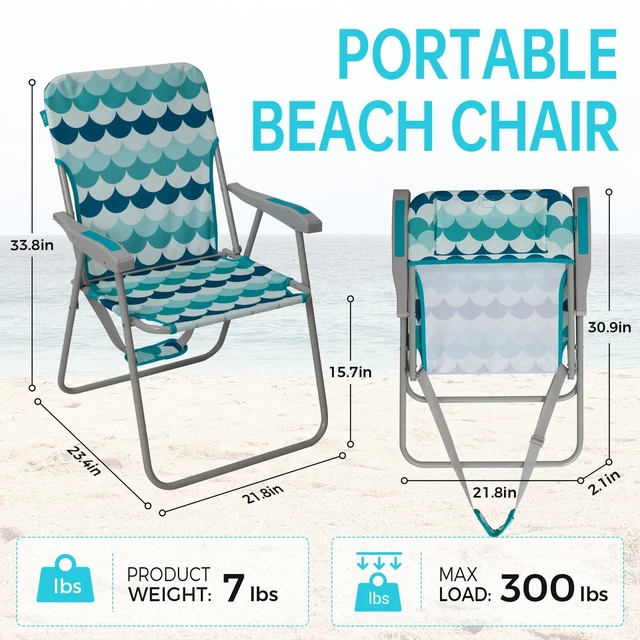 Alt view image 2 of 6 - Folding Beach Chairs for Adults, High Back Lightweight for Camp Lawn | Tall Camping Chairs with Shoulder Straps Hard Armrest, Supports 300lbs for Outdoor Concert (Cyan Blue)