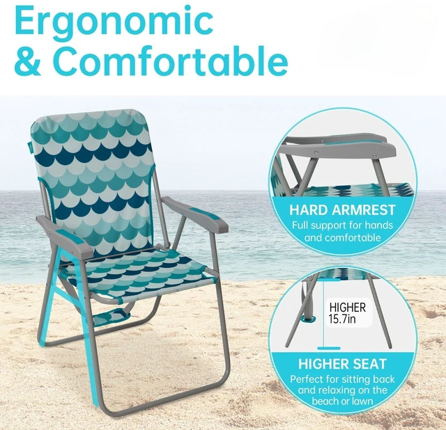 Alt view image 3 of 6 - Folding Beach Chairs for Adults, High Back Lightweight for Camp Lawn | Tall Camping Chairs with Shoulder Straps Hard Armrest, Supports 300lbs for Outdoor Concert (Cyan Blue)